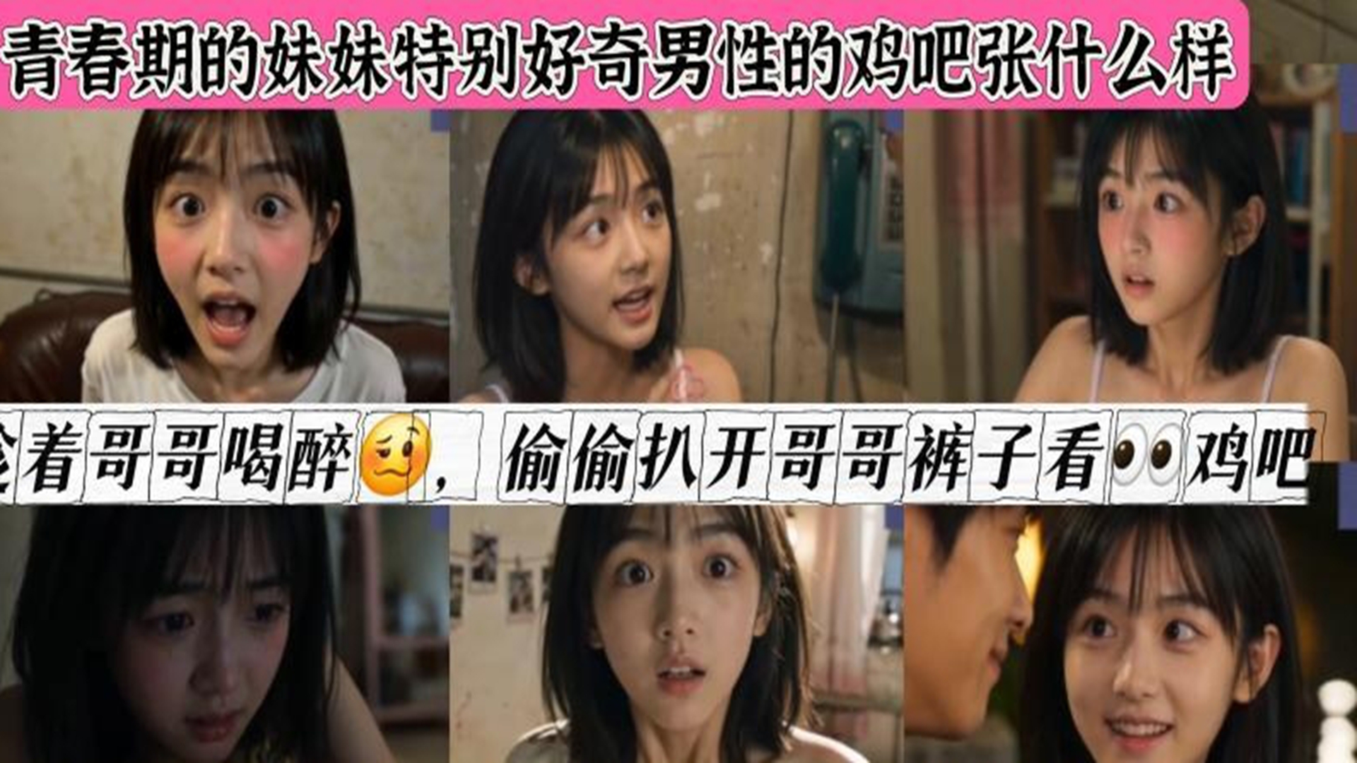 AI色情短剧《兄妹乱伦》青春期的妹妹特别好奇哥哥的鸡吧长什么样？趁着哥哥醉酒扒开裤子看哥哥鸡吧，破处