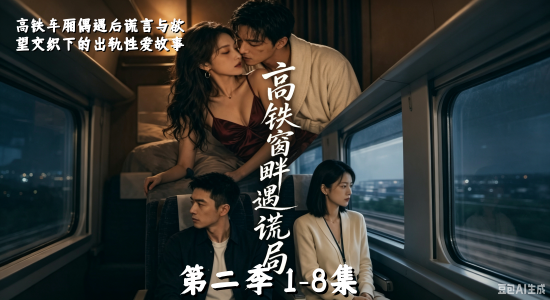 新番上线《 高铁窗畔遇谎局》第二季 1-8集   #ai成人短剧# 简介；《高铁窗畔遇谎局第二季》1-8集连播，故事延续第一季，高铁车厢内充满暧昧与谎言，女主角与神秘男乘客在窗畔相遇，表面客气，私下却情欲燃烧，从试探性对话到大胆肢体接触，逐渐发展成激情性爱，各种车厢场景大胆演绎，揉胸口交、骑乘后入、窗边猛操等高能剧情不断，第二季尺度更大，反差更强，谎言下的欲望彻底爆发，喜欢剧情和高能性爱的赛友们，这8集绝对欲罢不能！
