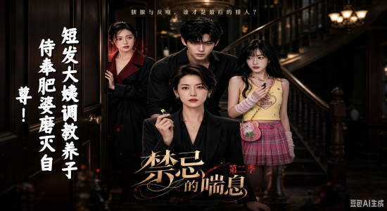 新番上线《禁忌的喘息第二季》 #ai成人短剧# 简介；《禁忌的喘息》第二季强势回归！1-4集连播，短发强势大姨化身肉欲女王，对乖巧养子展开残酷调教，大姨手握养子的把柄养子只能乖乖就范，化身听话的小公狗乖巧的舔大姨的脚趾，而在这时养母突然出现被眼前这幕惊呆，大姨立马下达新的指令让其好好服侍养母，一番云雨下来等养子醒来，大姨竟为了磨灭他的尊严，让其服侍肥婆，肥婆看到小鲜肉立马化身饿狼对着养子就扑了过来……