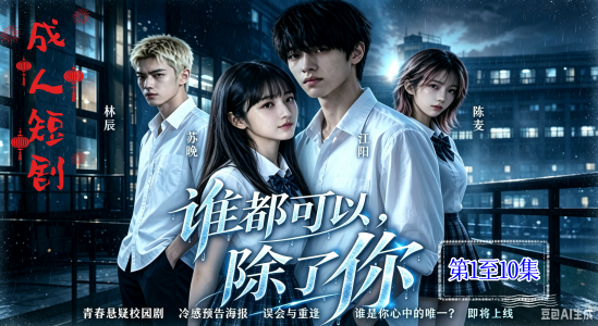 新番上线《谁都可以除了》#ai成人短剧#简介；AI成人短剧谁都可以除了你1-10集，主角舒晴在学校是标准的乖乖女，成绩好、性格软，谁看了都觉得是邻家妹妹。可一到放学，直接变身极品反差婊，主动给男友戴绿帽。从最初的偷偷出轨，到后来直接被两个大鸡巴轮流伺候口交后入骑乘轮着来，她不但不抗拒，还一副欲求不满的样子，浪叫着让他们再用力点。