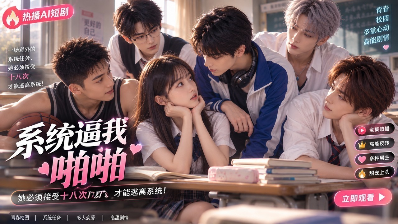 AI热门短剧《系统逼我啪啪》第1集，清纯高中生误入系统，必须被操18次才能逃离，教室被学长干到潮喷。
