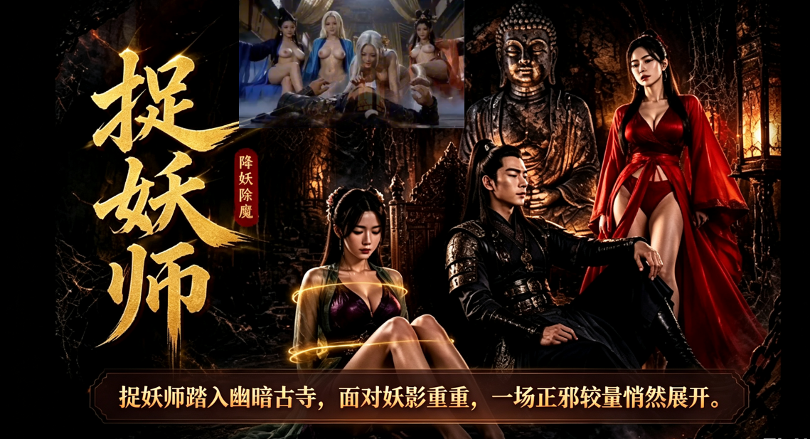 【捉妖师】 #ai成人短剧# 简介；古寺佛像藏诡谲妖影，捉妖师偶遇两位绝色妖女，人妖对立，爱恨难断，前路尽是凶险劫难。