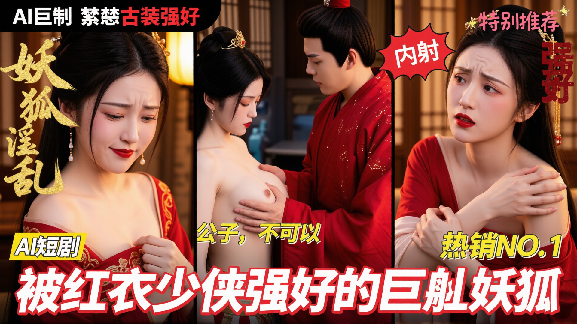 AI成人短剧《被红衣少侠强奸的巨乳妖狐》： 红衣少侠夜闯妖狐洞府初见巨乳妖狐身穿薄纱露肩，欲火焚身当场扑倒强行扒光强奸，暴力抽插骚穴淫水直流，被师兄撞见后一起轮奸双洞齐开，禽兽师兄内射灌满子宫，少侠后入狂干内射，大量精液混合白浆从妖狐骚穴流出染红床单！！！